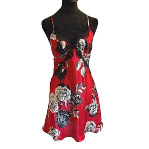 Apt 9 Intimates Women's Red Floral Slip Dress Lingerie Black Lace Satin SZ S